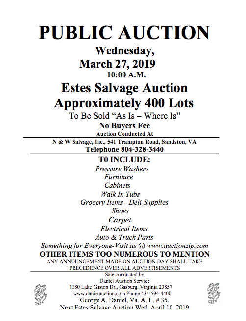 Wed March 27, 2019 Estes Salvage Auction