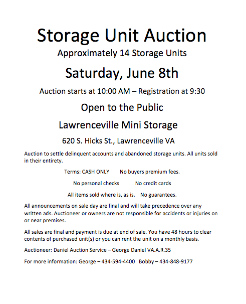 Sat June 8 2019 Storage Auction Lawrenceville VA Daniel Auction