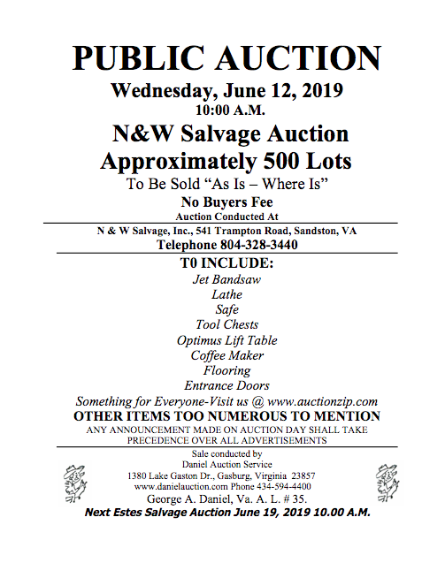 Wed June 12, 2019 N&W Salvage Auction