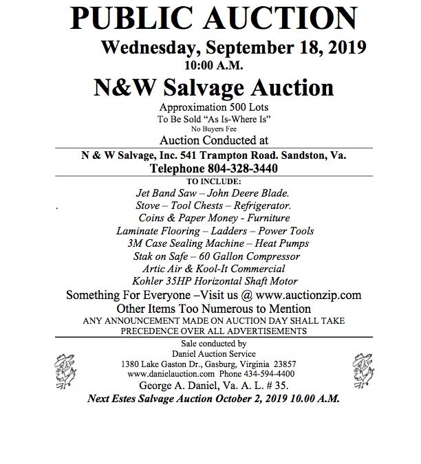 Wed September 17, 2019 N&W Salvage Auction