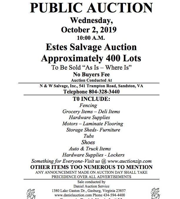 Wed October 2 2019 Estes Salvage Auction