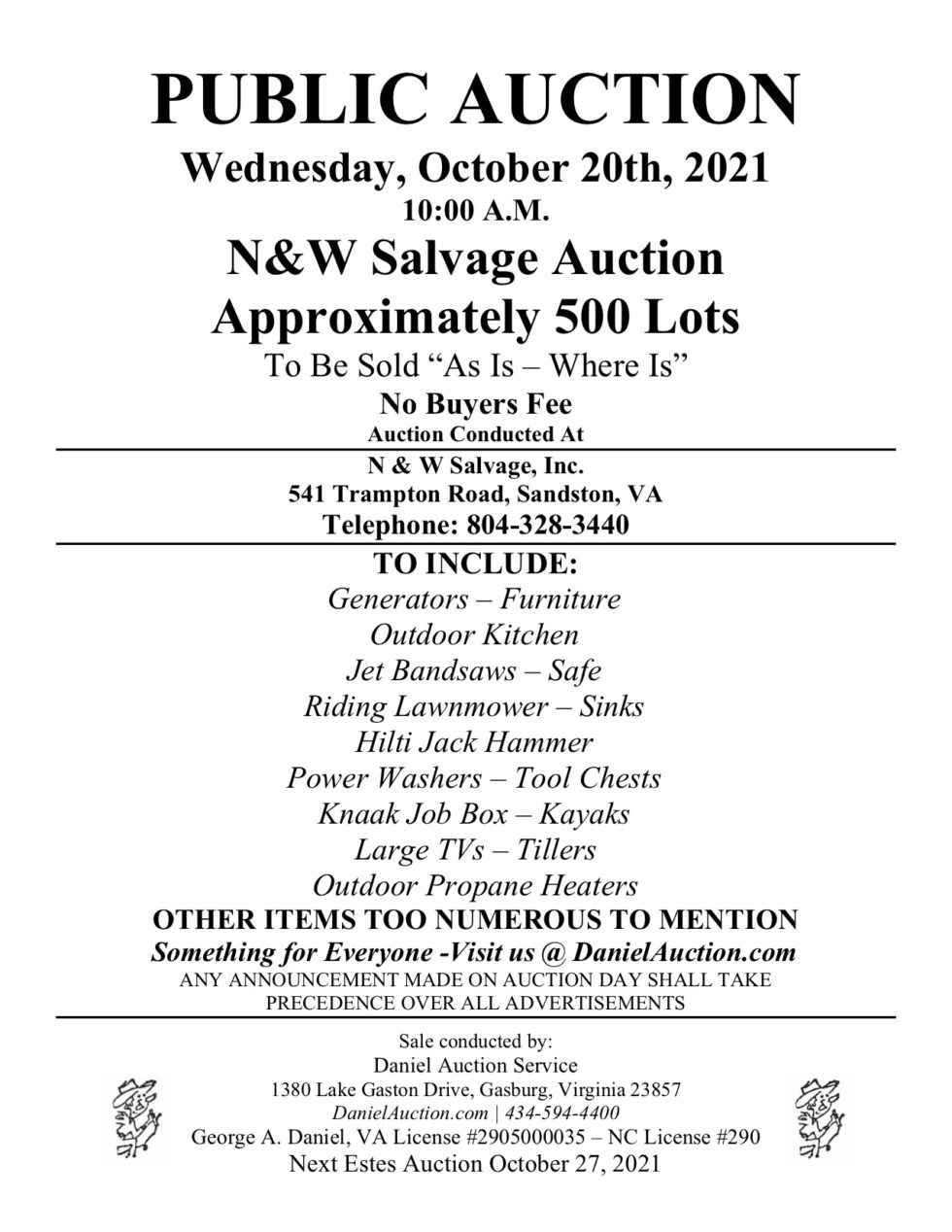 Wed. October 20, 2021 |N&W Salvage Auction | Daniel Auction