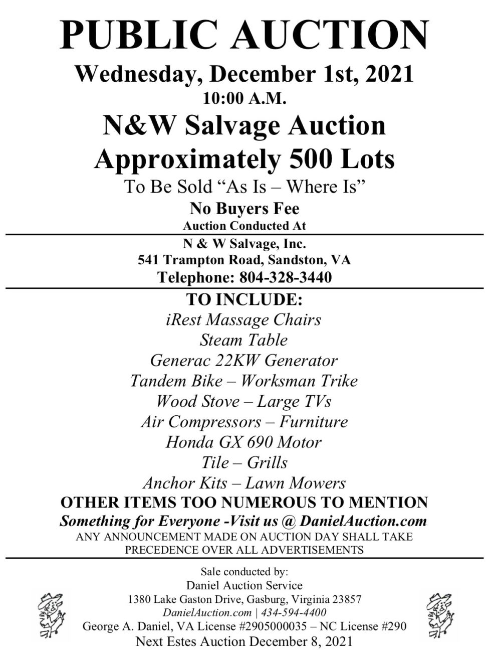 Wed. December 1, 2021 N&W Salvage Auction Daniel Auction