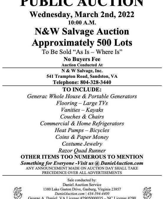 N&W Salvage Auction Handbill 3.2.22 - Daniel Auction