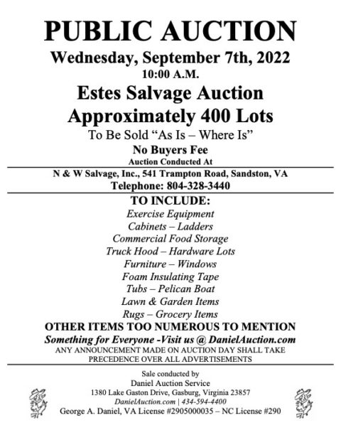 Wed. September 7, 2022 | Estes Salvage Auction | Daniel Auction