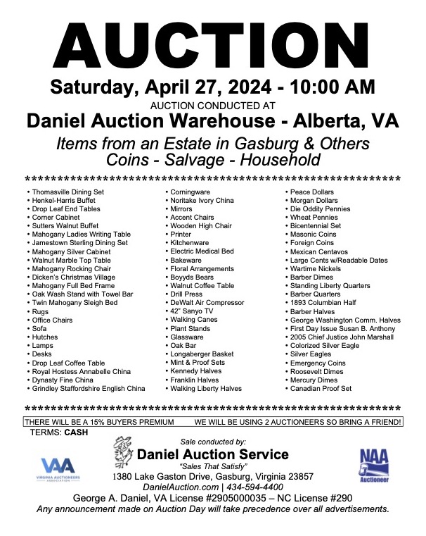 Daniel Auction Service | Estate and Coin Auction 4.27.24